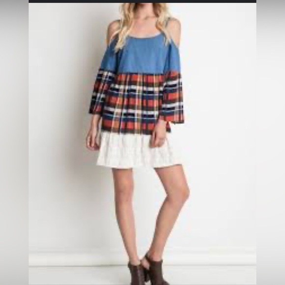 Umgee Cold Shoulder Chambray Plaid Dress Size Small. Style #130733. - Picture 2 of 7